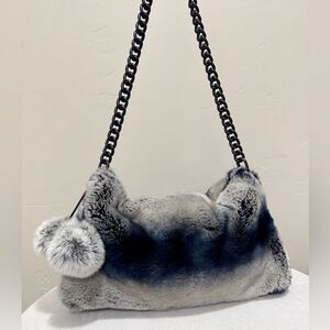 Gray Gradient Real Rex Rabbit Fur Soft Slouchy Bag/Crossbody & Fur Balls Charm